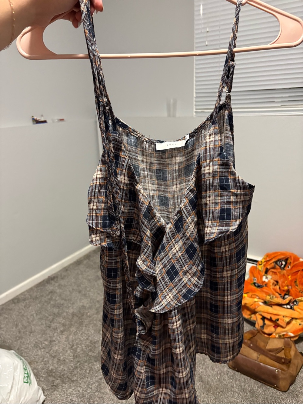 Lush Plaid Ruffle Spaghetti Strap Camisole - Navy & Brown